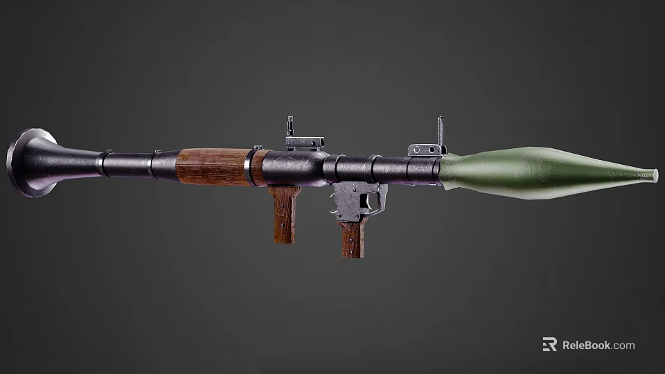 Military Rocket Launcher With Wooden Grip Metal Barrel Green Warhead And Sight 3d model 