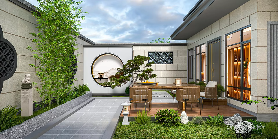 Modern Chinese Garden Landscape Featuring Circular Window Pine Tree Stone Lantern And Outdoor Seating 3d model