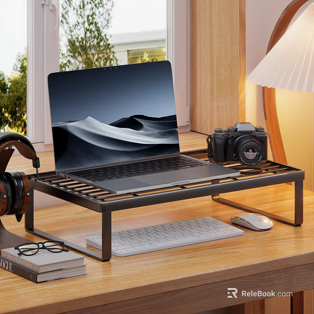 Cozy Study Room Setup With Laptop Camera Headphones And Table Lamp On Wooden Desk 3d model 