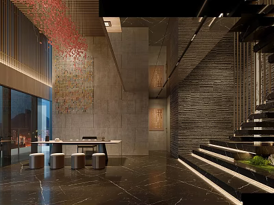 Modern Luxury Clubhouse Lobby Design With Chandelier Marble Floor Staircase And Decorative Paintings Table Stools 3d model
