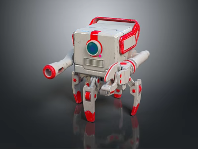 Red And White Mechanical Robot Creature With Square Body Legs And Cannons 3d model