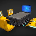 Futuristic Conference Table With Yellow Illuminated Chairs And Blue Screen On Metallic Base