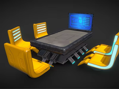 Futuristic Conference Table With Yellow Illuminated Chairs And Blue Screen On Metallic Base 3d model