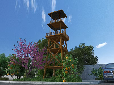 Beautiful Garden Landscape With Tall Wooden Observation Tower And Vibrant Fruit And Colorful Blooming Trees 3d model