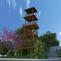 Beautiful Garden Landscape With Tall Wooden Observation Tower And Vibrant Fruit And Colorful Blooming Trees