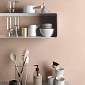 Modern Minimalist Kitchenware Display On Shelves With Bowls Mugs And Utensils