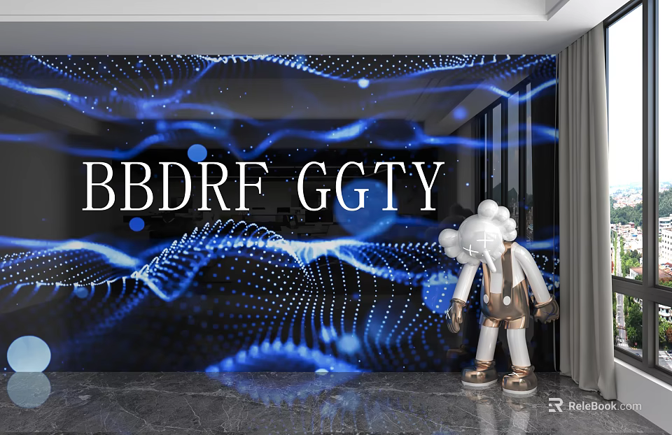 Modern Blue Background Wall With Wave Light Dots BBDRF GGTY Text And White Sculpture 3d model 