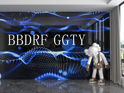 Modern Blue Background Wall With Wave Light Dots BBDRF GGTY Text And White Sculpture 3d model