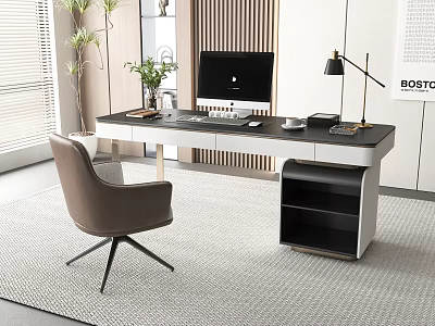Modern Home Office Desk With Computer Table Lamp Chair And Green Plant 3d model