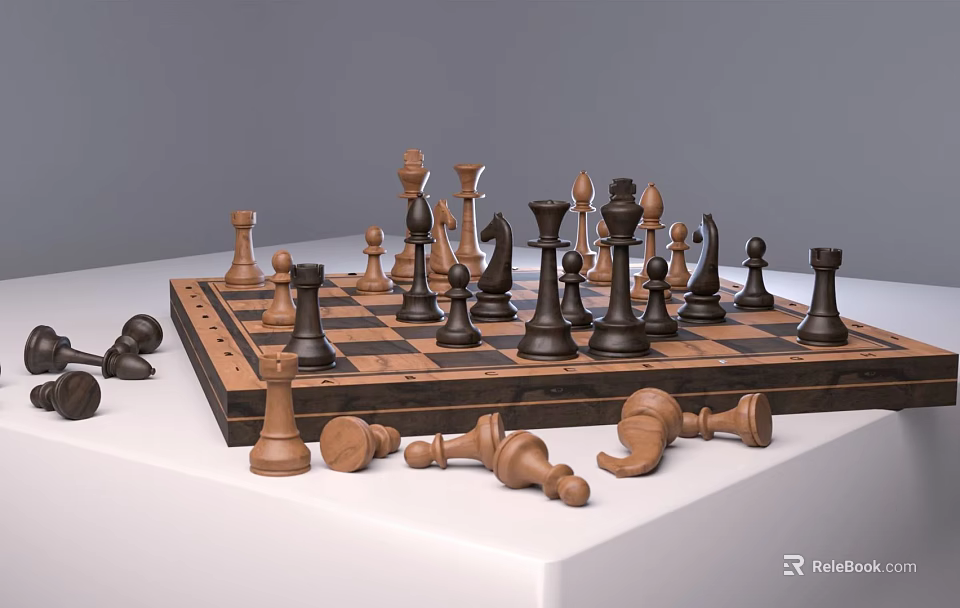 Wooden Chess Pieces Scattered On Black And White Checkerboard Surface 3d model 