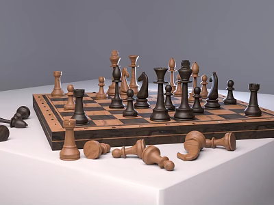 Wooden Chess Pieces Scattered On Black And White Checkerboard Surface 3d model