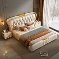 Modern Luxury White Leather Double Bed With Tufted Headboard Gold Accents And Snow View Window