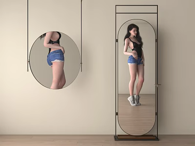 Modern Round Hanging Mirror and Floor Standing Full Length Mirror for Home Interior Design 3d model