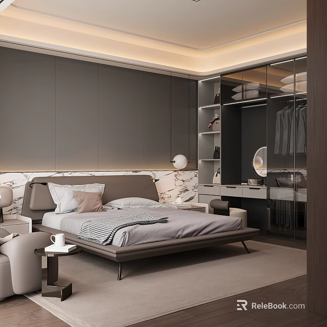 Modern Minimalist Bedroom Interior With Gray Bed Frame Glass Door Wardrobe And Marble Headboard 3d model 