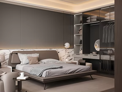 Modern Minimalist Bedroom Interior With Gray Bed Frame Glass Door Wardrobe And Marble Headboard 3d model
