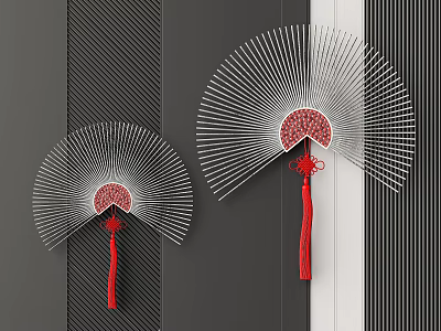 Fan Shaped Red White Wall Decor With Lines And Red Tassels On Gray Stripe Wall 3d model