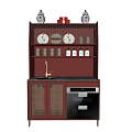Mahogany Sideboard With Multi tiered Shelves Lattice Doors Decorative Vases Plates And Marble Countertop