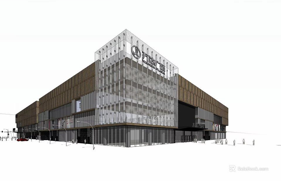 Modern Commercial Building Exterior With Glass Curtain Wall And Wooden Panels Featuring QTERSE Logo 3d model 