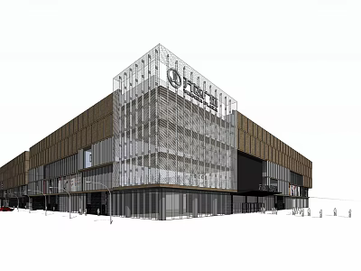 Modern Commercial Building Exterior With Glass Curtain Wall And Wooden Panels Featuring QTERSE Logo 3d model