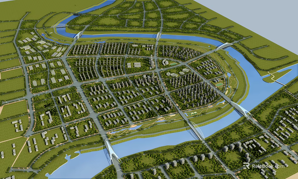 Comprehensive Aerial Urban Planning with River Roads Bridges and Building Layout 3d model 