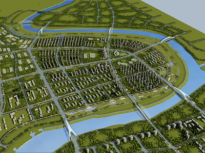 Comprehensive Aerial Urban Planning with River Roads Bridges and Building Layout 3d model