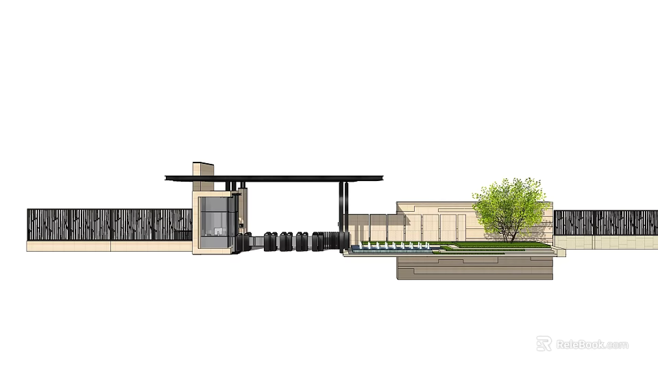 Modern Entrance Gate Design With Metal Canopy Glass Panels Stone Wall And Greenery 3d model 