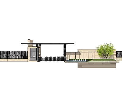 Modern Entrance Gate Design With Metal Canopy Glass Panels Stone Wall And Greenery 3d model