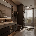 Modern Bathroom Interior With Stacked Washer Dryer Glass Shower Vanity Mirror And Window
