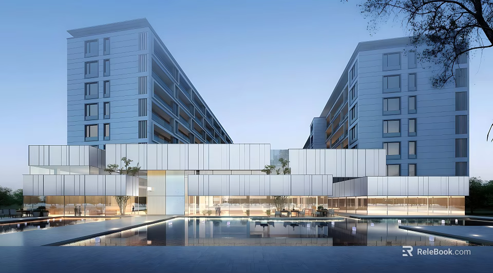 Modern Luxury Sales Office Building With Glass Curtain Wall Water Pool And Night View 3d model 