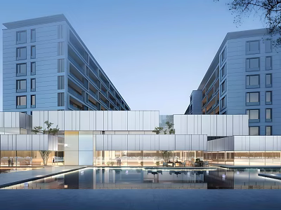 Modern Luxury Sales Office Building With Glass Curtain Wall Water Pool And Night View 3d model