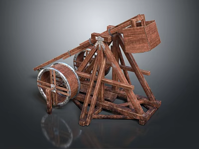 Ancient Wooden Weapon With Wheels Frame And Launch Arm Structure 3d model