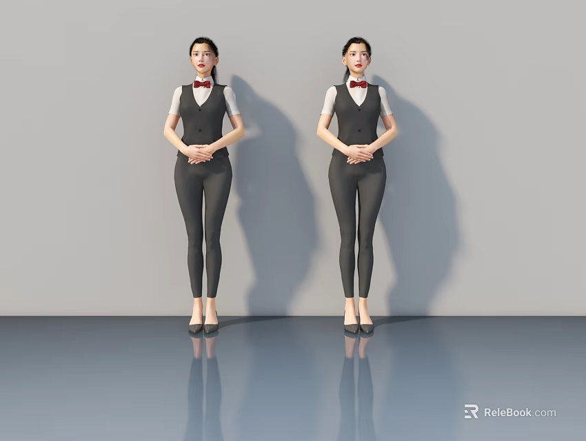 Two Women Wearing Black Vests White Shirts Red Bow Ties Standing in Gray Background 3d model 