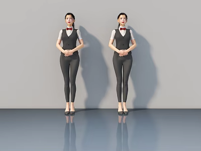 Two Women Wearing Black Vests White Shirts Red Bow Ties Standing in Gray Background 3d model