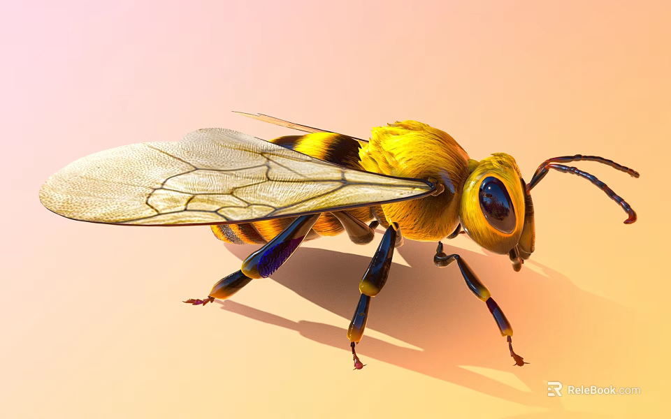 Vibrant Yellow And Black Bee With Transparent Wings On Soft Pink Background 3d model 