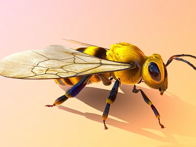 Vibrant Yellow And Black Bee With Transparent Wings On Soft Pink Background 3d model