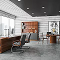 Modern Office Interior With Large Windows City View Wooden Bookshelf Desk Round Table And Chairs