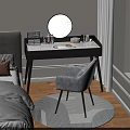 Modern Bedroom Dressing Table With Round Mirror Marble Top Gray Chair And Decor Items