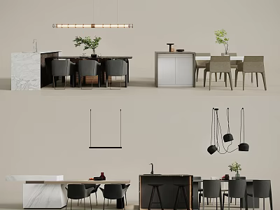 Modern Dining Table Set With Chairs Pendant Lights And Marble Tabletop Design 3d model