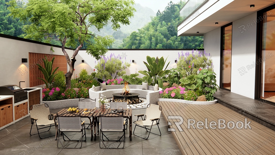 Villa Courtyard Garden Outdoor Table and Chair Arc Seat Flower Pond Flowers and Plants Pile Plant Combination Landscape Tree Barbecue Oven model