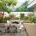 Lush Courtyard Garden With Outdoor Dining Table Chairs Fire Pit Green Plants And Wooden Deck