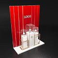 Red Background Display Stand Featuring LOGO White Bottles Golden Frame And Transparent Rack 3d model