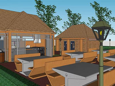 Outdoor Dining Area With Wooden Tables Benches Lamp Post Brick Buildings And Green Trees 3d model
