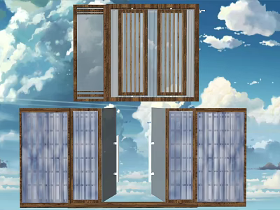 Floor to Ceiling Windows With Wooden Frames Clear Glass And Scenic Sky View 3d model