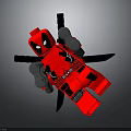 Red Deadpool Lego Toy With Gray Arms Legs Logo Text And Black Cross Shaped Object