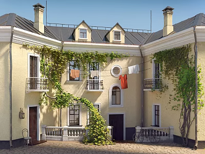 Detached Villa With Yellow Exterior Climbing Vines Balconies Roof Chimneys And Courtyard Clothesline 3d model