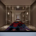 Hotel Corridor Interior Design With Colorful Geometric Carpet And Modern Wall Sconce Lighting