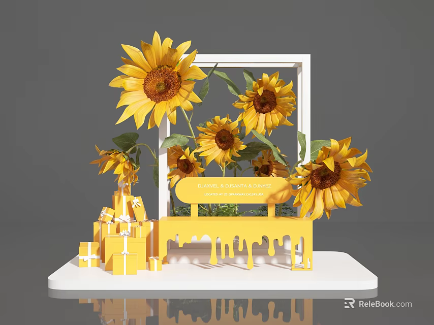 Floral Display With Sunflowers White Frame Yellow Bench And Gift Boxes For Shopping Season 3d model 