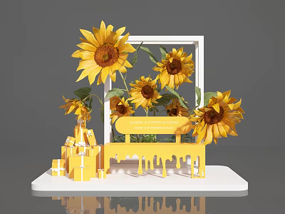 Floral Display With Sunflowers White Frame Yellow Bench And Gift Boxes For Shopping Season 3d model
