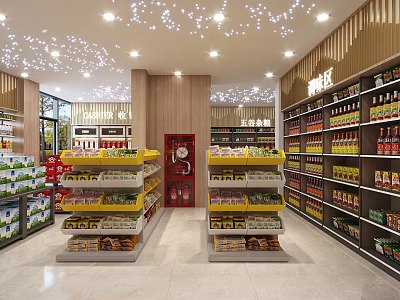 Neatly Arranged Supermarket Interior With Shelves Of Fresh Fruits Vegetables Beverages And Snacks 3d model
