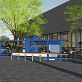 Outdoor Children Playground Near Glass Building With Trees Play Equipment And Yellow Figure
